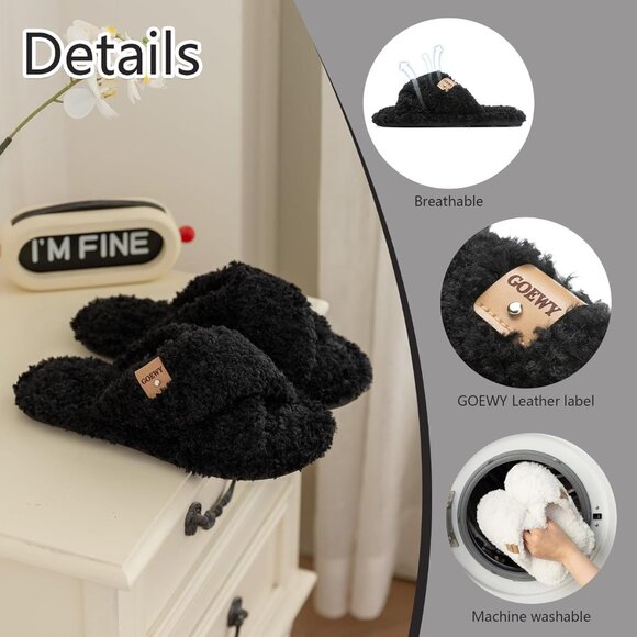 ⚡Women’s Black Faux Fur Cozy Fuzzy Cross Band Slippers Indoor House Shoes - Picture 4 of 6